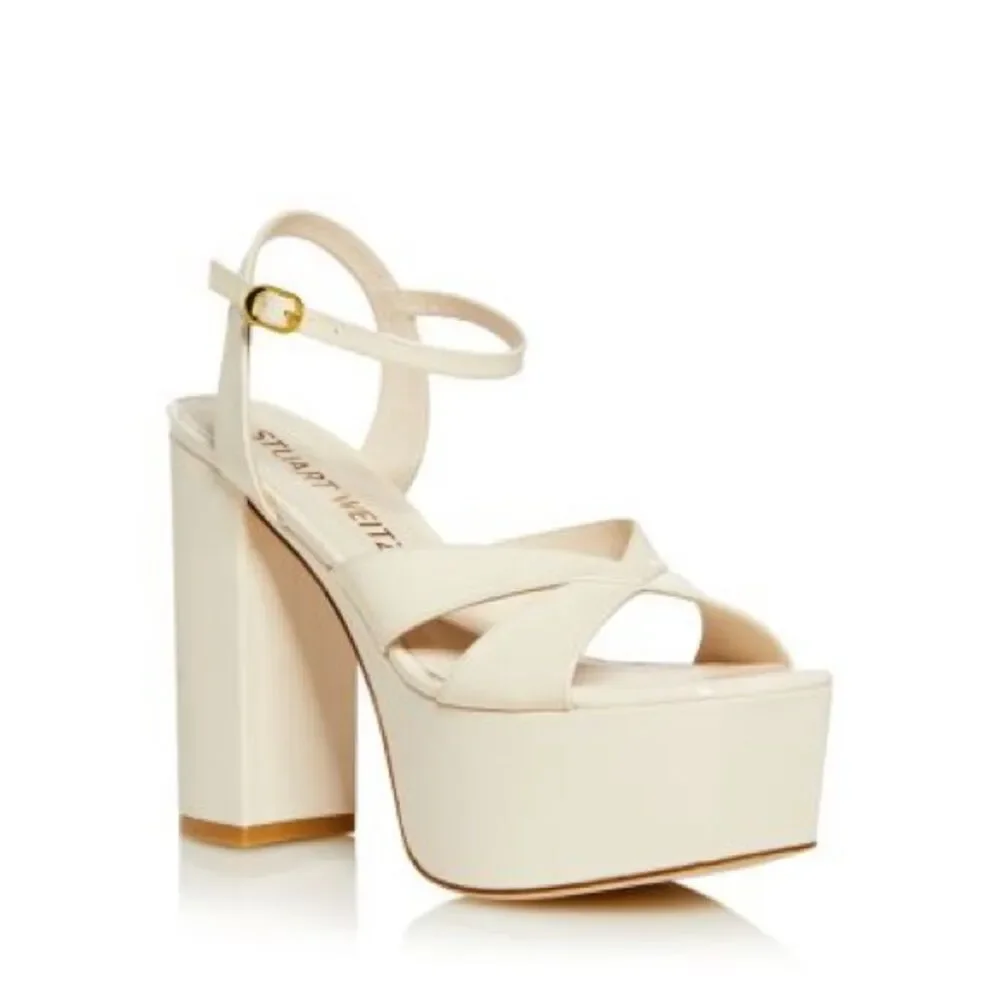 Stuart Weitzman Miami Square Toe Ivory Patent Leather Platform Sandals